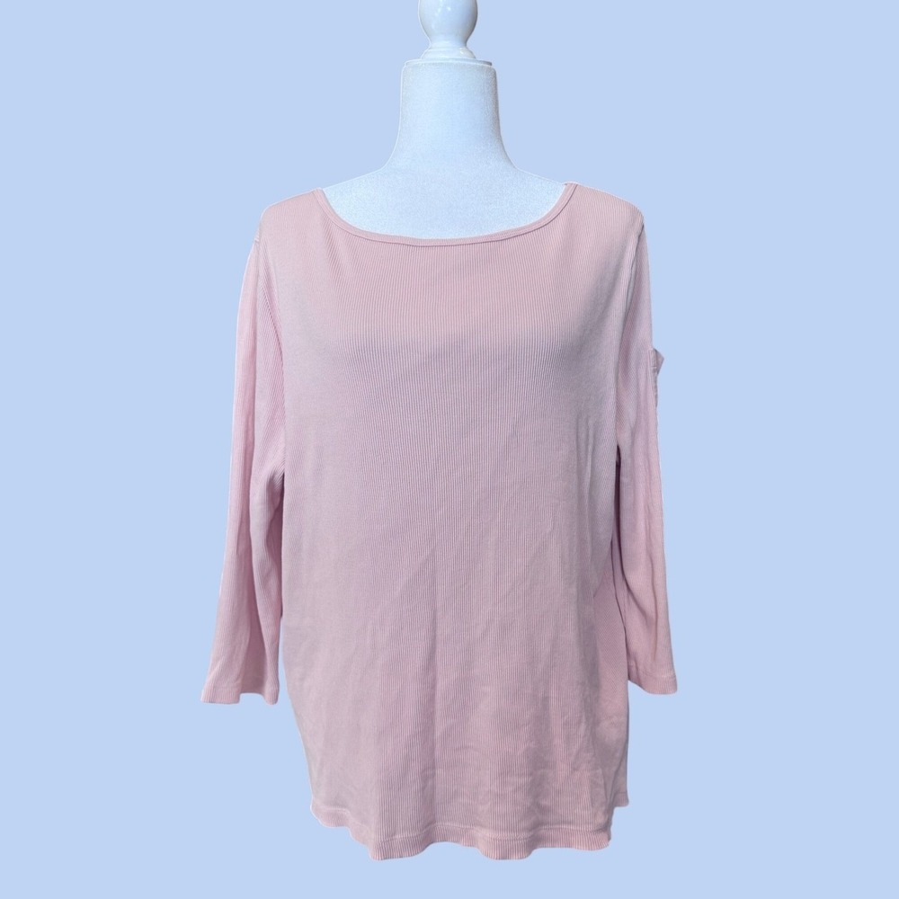 LAUREN RALPH LAUREN Ribbed Boatneck Top 2X Pink Sleeve Pocket Monogram